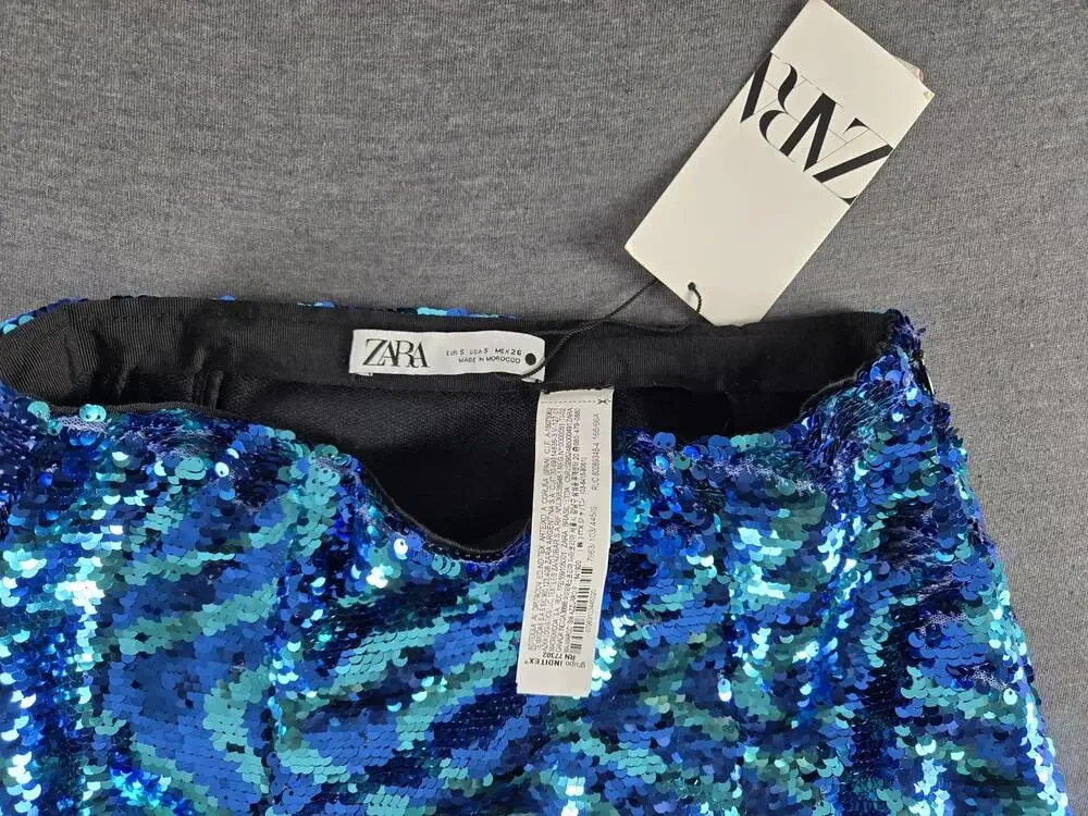 Zara Sequin Skirt Womens Small Blue Geometric Mini Lined Party Club Holiday
